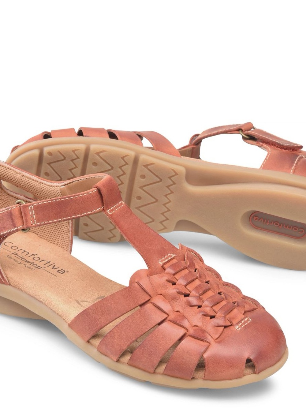 Comfortiva Women's Coral/Terracotta Leather Woven T-Strap Sandals